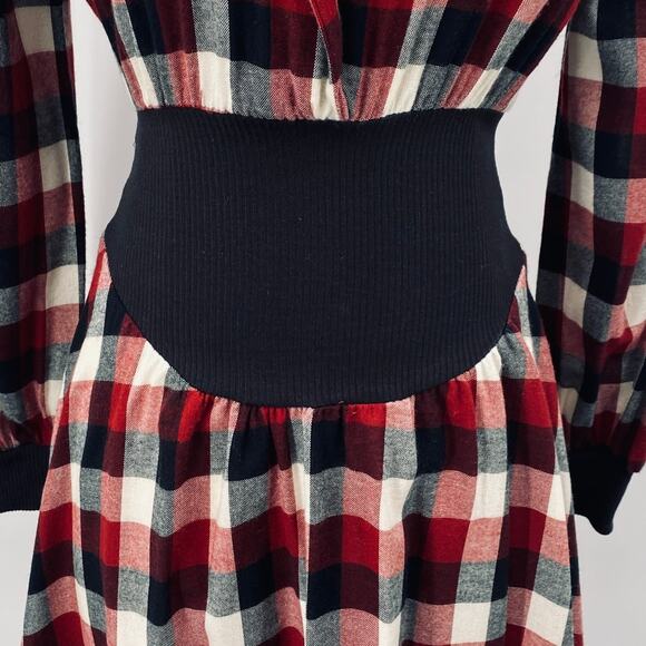 Vintage 80s Gingham Plaid Midi Dress Fit & Flare Shirtdress Collared Red Black 0 - Picture 5 of 11
